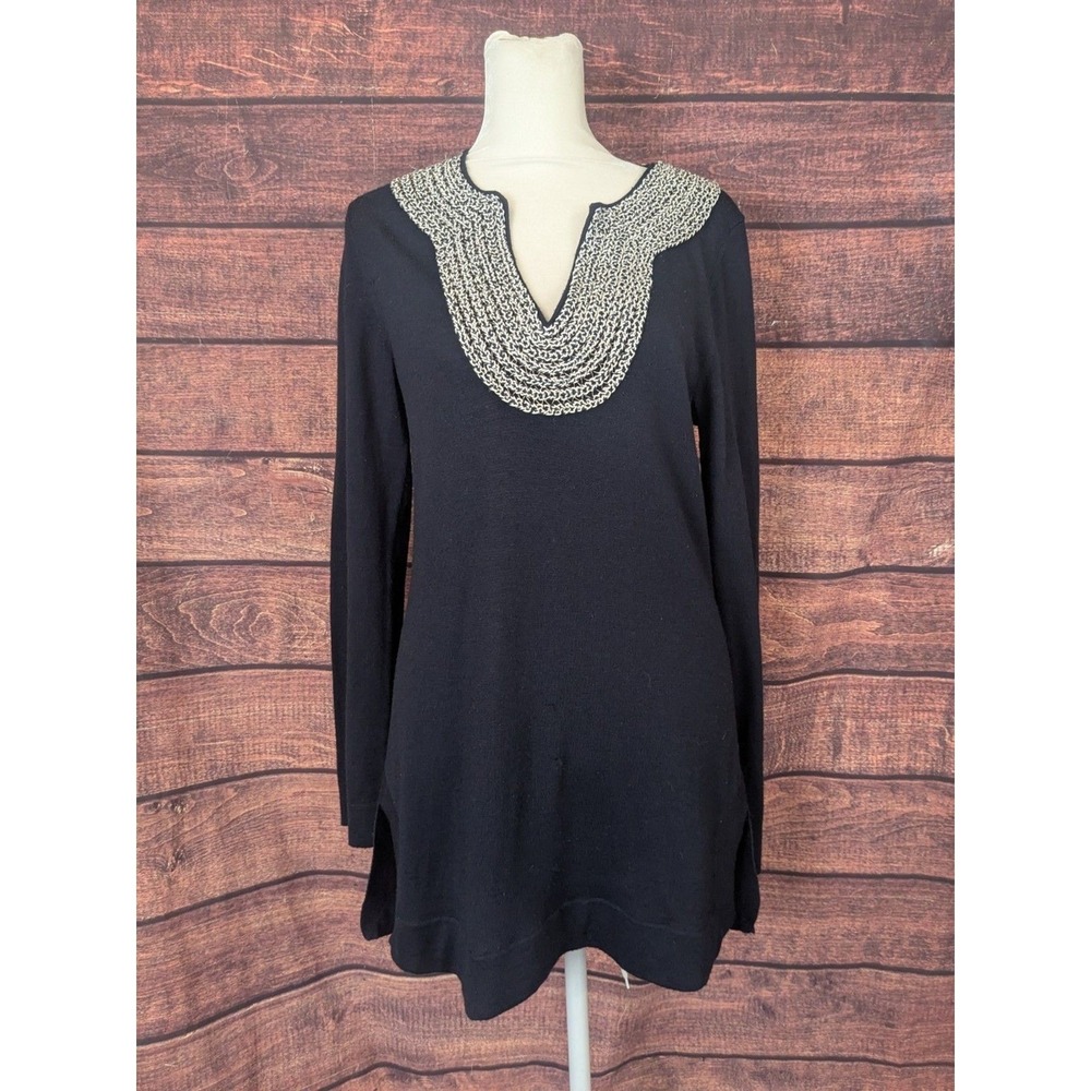 Tory Burch Navy Blue 100% Merino Wool Metallic Knit Trim Tunic Sweater M Classy